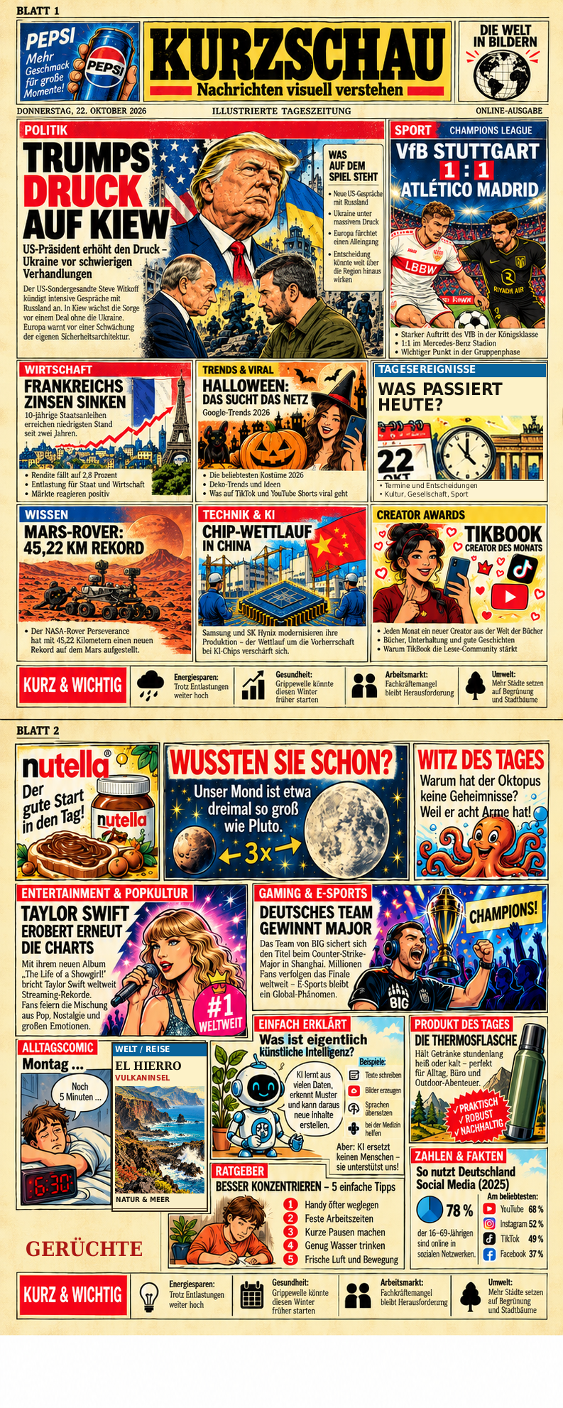 KURZSCHAU Design mit zwei übereinander angeordneten Zeitungsblättern