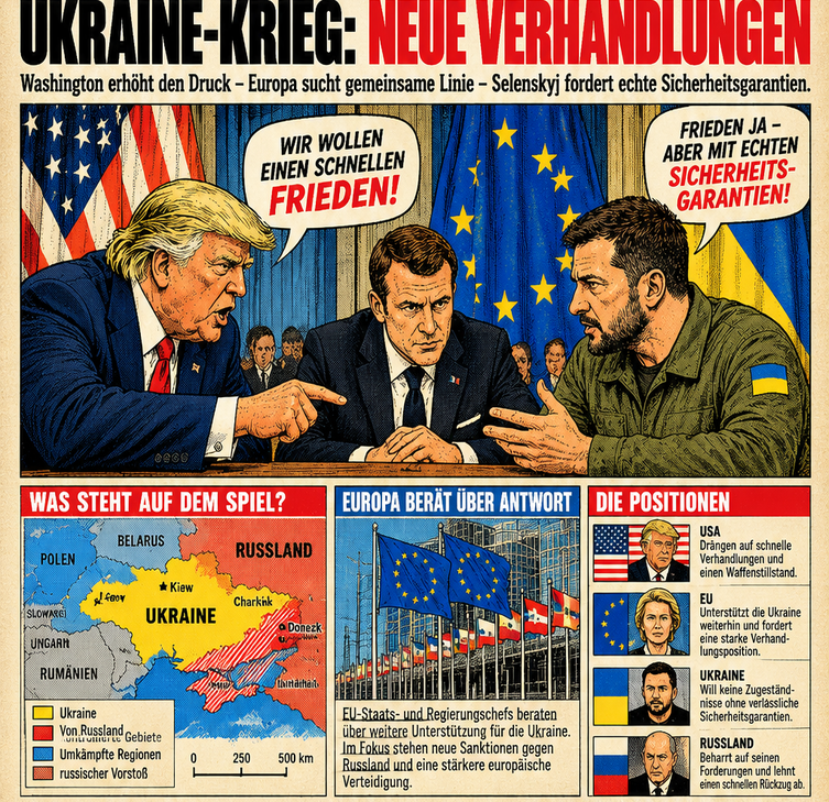 Illustrierte Politik-Layoutstudie: Ukraine-Verhandlungen, Szene und drei grafische Erklärfelder. Ungeprüfter Musterinhalt.